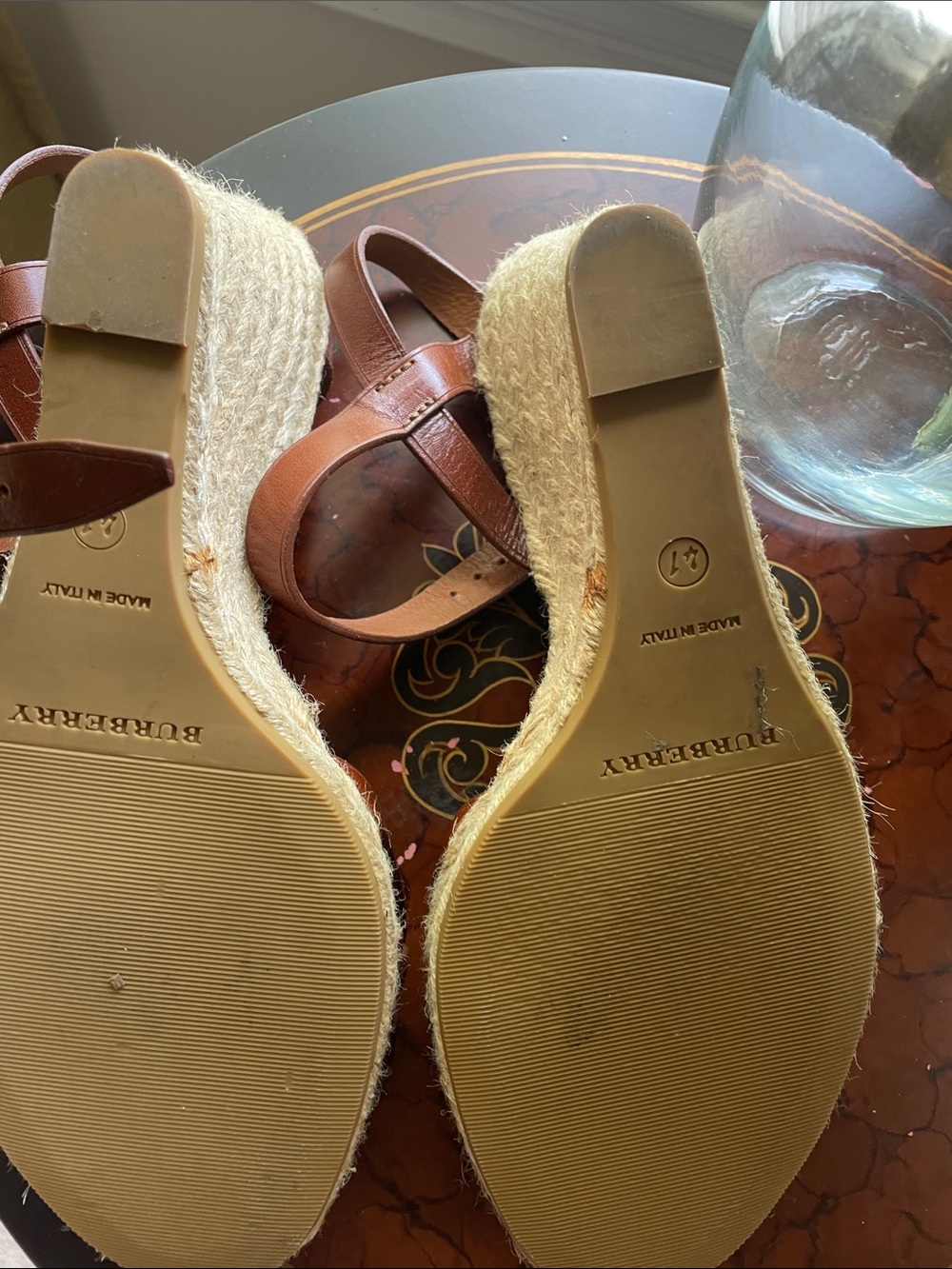 Burberry Brown Leather & Beige Check Espadrille Wedge Sandals - Picture 8 of 16